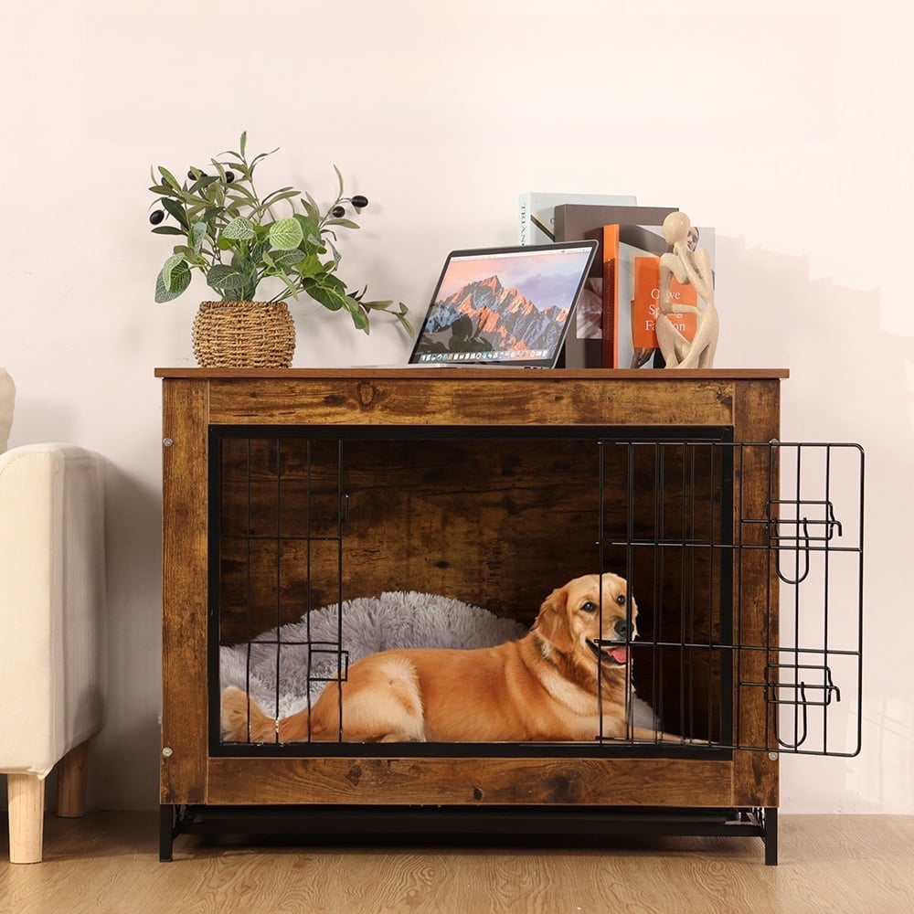 Dog Crate Furniture,DOMIPET Double-Doors Kennel Indoor with Divider and Removable Tray,End Table Dog Crate for Decoration