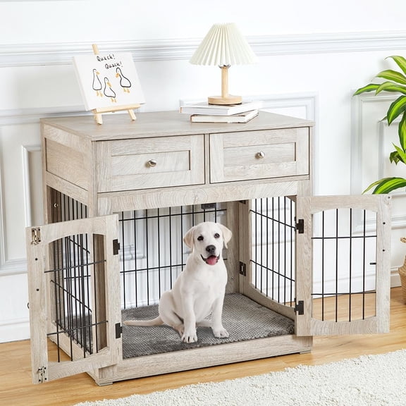 Dog Crate Furniture with Double Drawers, Wooden Indoor Dog Kennel & End Table – Rustic Style MDF Dog Crate for Small, Medium & Large Breeds, Multipurpose Storage & Display Stand, Grey