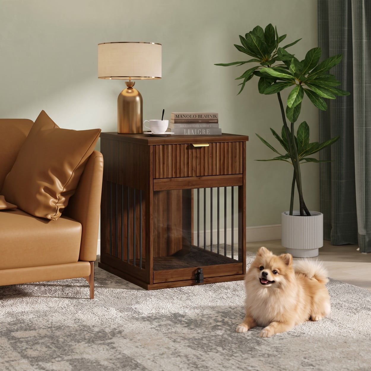 Dog Crate Furniture End Table with Charging Station, Wooden Kennel with Hideaway Tempered Glass Door, Storage Drawer, Indoor Pet House for Small & Medium Dogs, Antique Brown