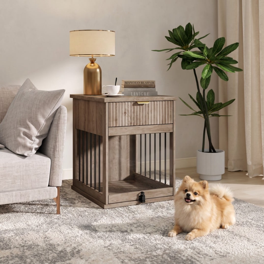 Dog Crate Furniture End Table with Charging Station, Wooden Kennel with Hideaway Tempered Glass Door, Storage Drawer, Indoor Pet House for Small & Medium Dogs, Antique Grey