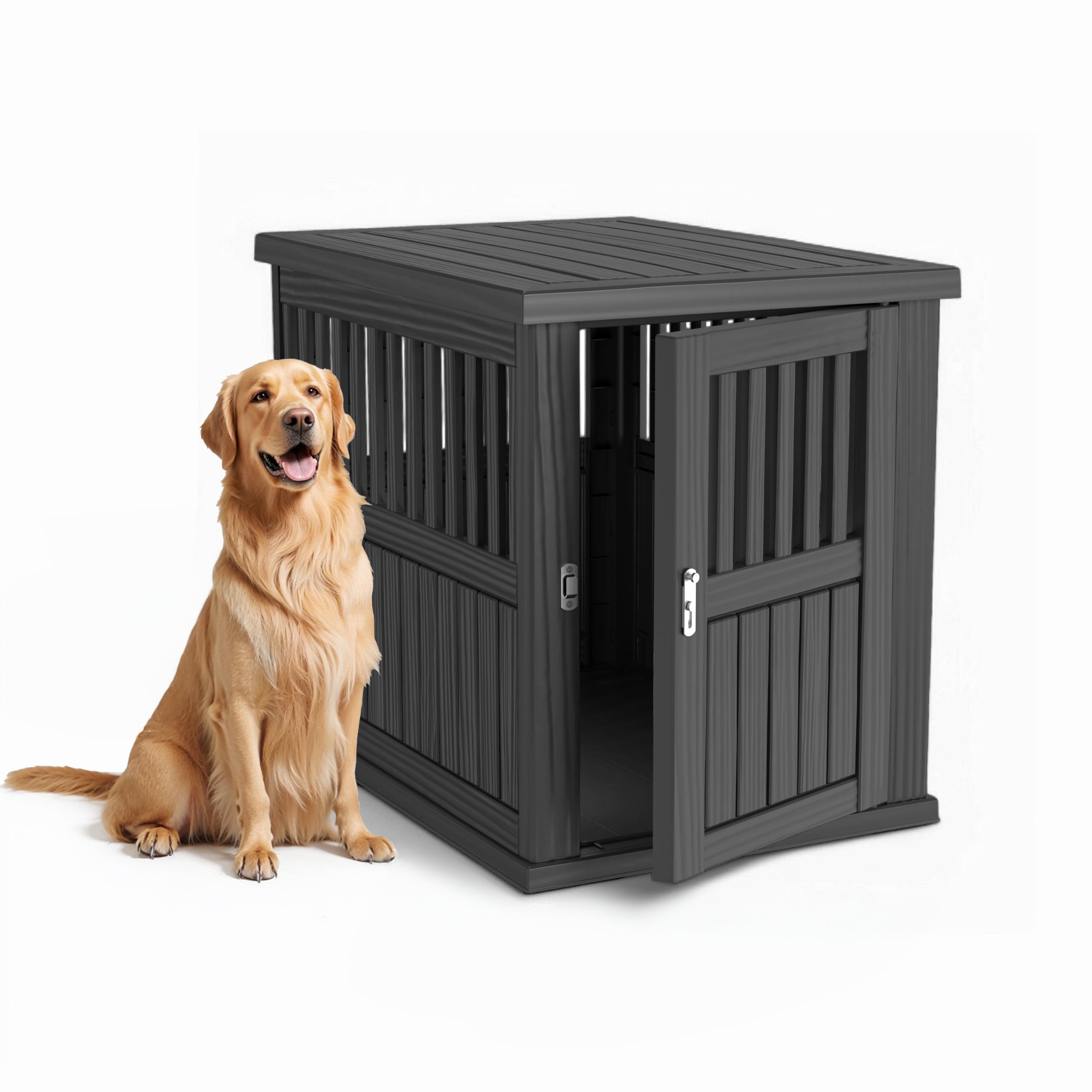 EasyUp Dog Crate Furniture End Table Night Stand with Lockable Latch for Large Dogs, Outdoor（Large，Black）