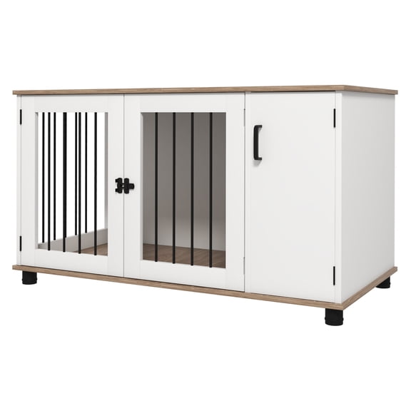 Dog Crate Furniture End Table, Walnut Wood Finish - Indoor Pet Crate w/ Double Doors & Storage