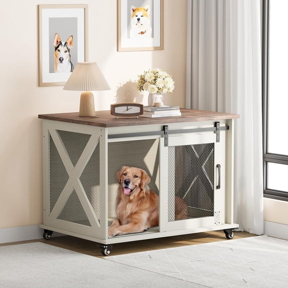 Dog Crate Furniture with Flip Top, 37" Dog Cage Furniture with Sliding Barn Door, Wheels and Removable Divider, Furniture Style Dog Crate Table, Indoor Dog Kennel for Large Dogs, White