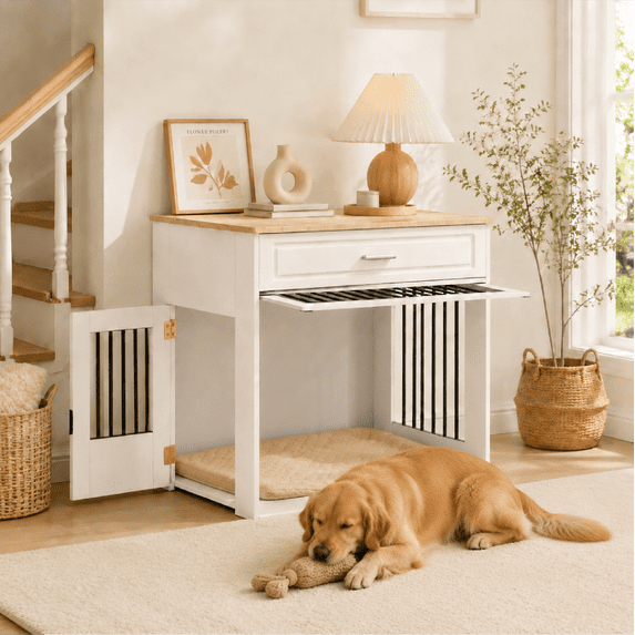 Whifea 37.4'' Large Dog Crate Furniture with Flip-up Door, 360° Rotating Feeder, Furniture Style for Large Dogs, White