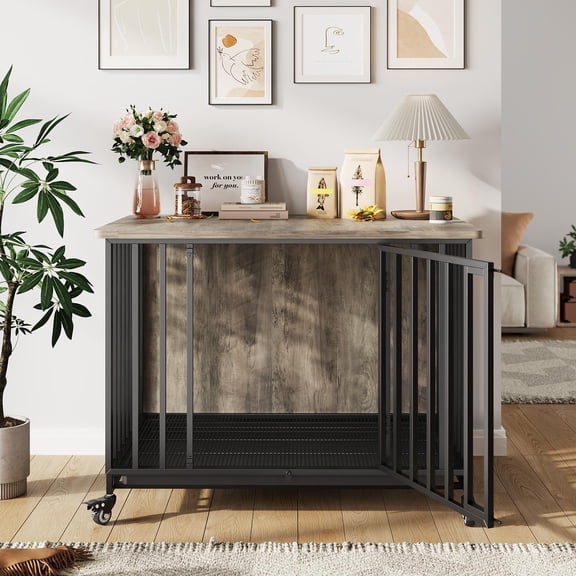 Dog Crate Furniture, Heavy Duty Dog Cage with Removable Tray, Indoor Kennel, End Side Table Animal Crates with Lockable Wheels & Door for Medium Large Dog Cage, Anti-Chew Anti-Escape, 98 * 65 * 74Cm