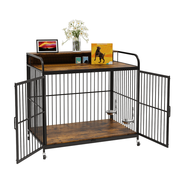 Dog Crate Furniture, Heavy Duty Dog Kennel with Adjustable Height Feeders, Decorative Pet House End Table with 360° Wheels, Wooden Cage Kennel Furniture Indoor
