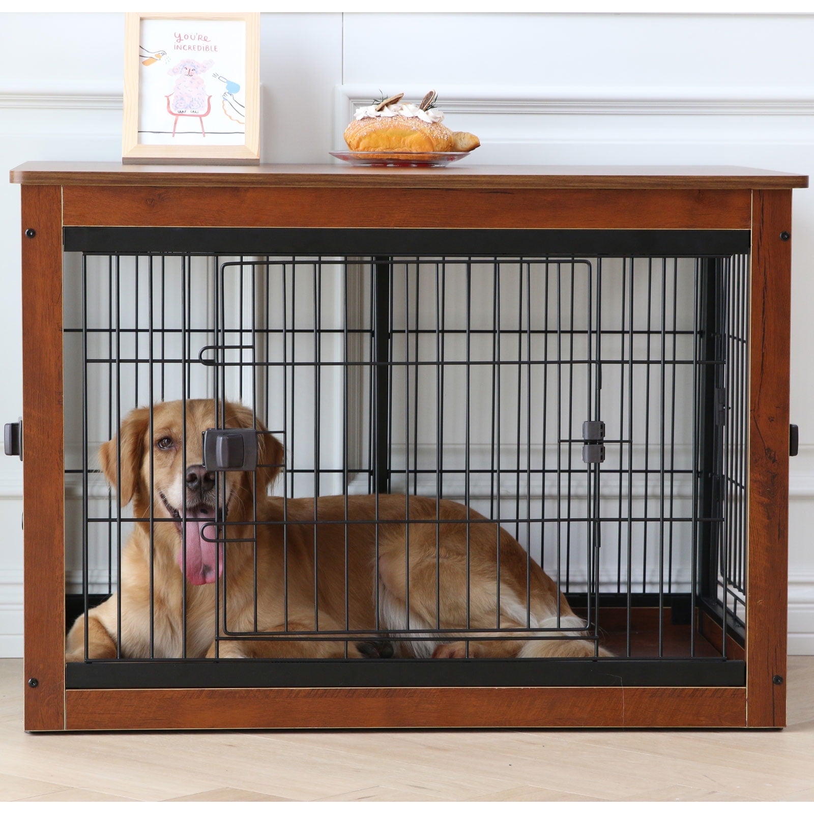 Dog Crate Furniture Indoor Dog Crate End Table Heavy-Duty Dog Cage with Dog Mat, Three-Door Dog House Brown