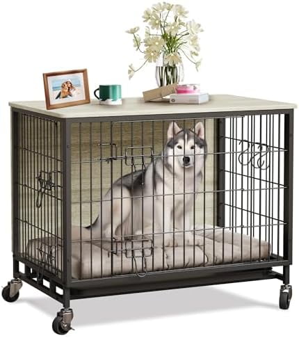 Picture of Dog Crate Furniture, Indoor Kennel with Double Doors, Wheels & Pull-Out ...
