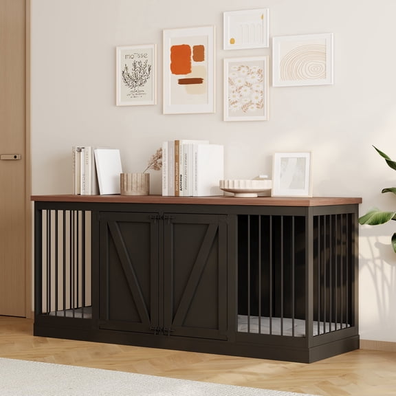 Dog Crate Furniture - Indoor Wooden Dog Kennel Furniture with Room Divider - 71"x23.6"x31.5"H, Black