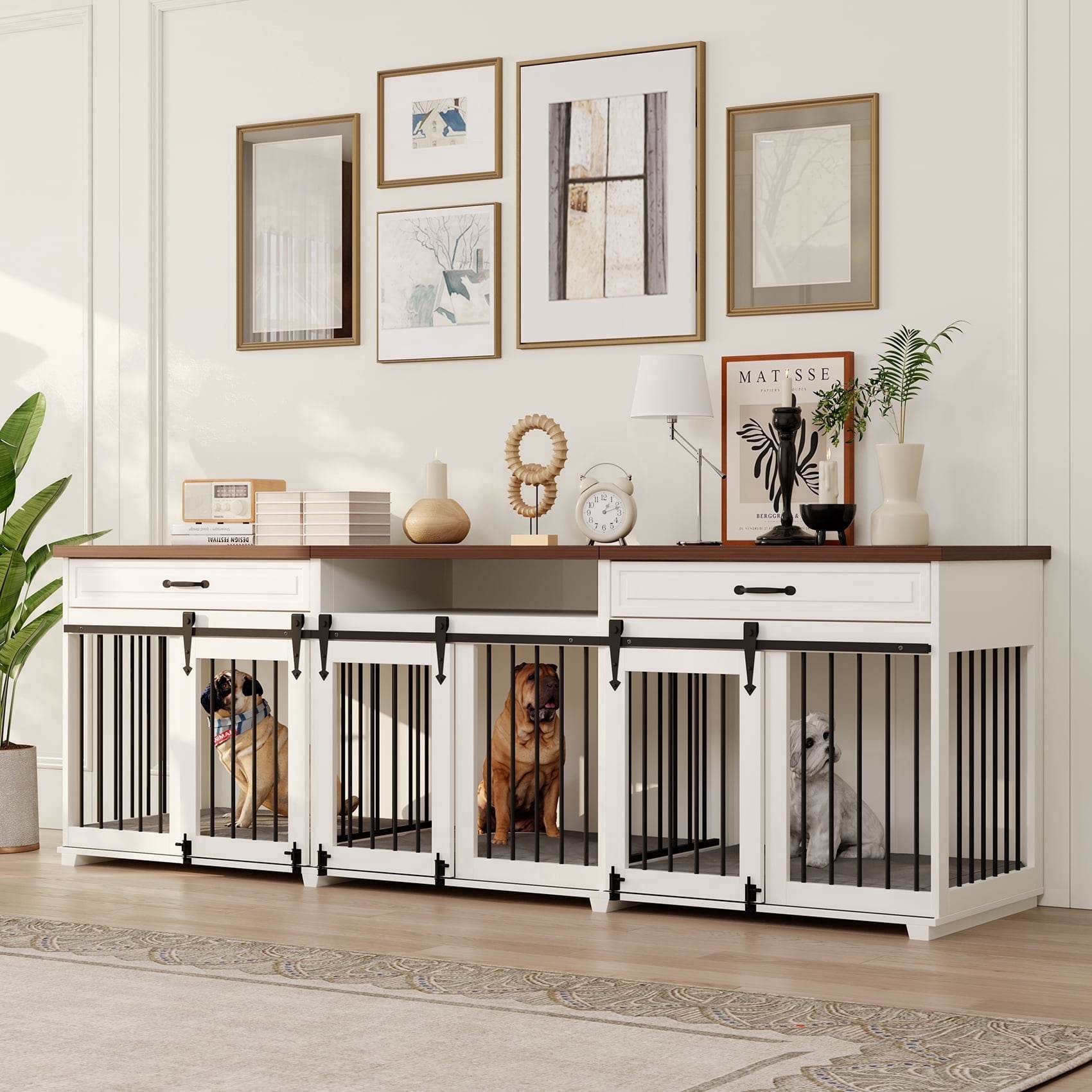 Dog Crate Furniture - Indoor Wooden Farmhouse Large Dog Kennel Fureniture for 3 Dogs, with Sliding Barn Doors, 2 Drawers & 1 Shelf, 95" Lx23.6 Wx31.5 H, White