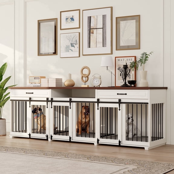 Dog Crate Furniture - Indoor Wooden Farmhouse Large Dog Kennel Fureniture for 3 Dogs, with Sliding Barn Doors, 2 Drawers & 1 Shelf, 95" Lx23.6 Wx31.5 H, White