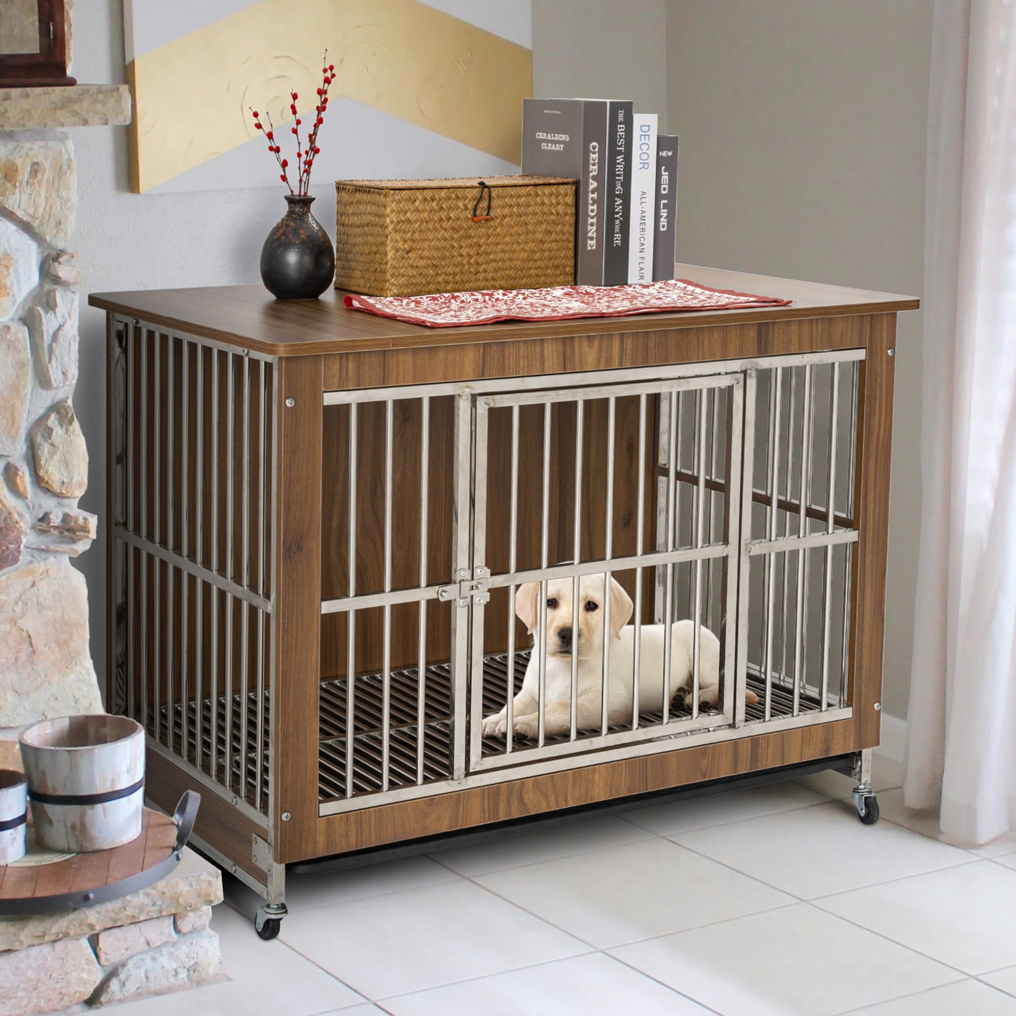 Dog Crate Furniture, JONGEE Wooden Dog Kennel Indoor, Dog Crates for ...