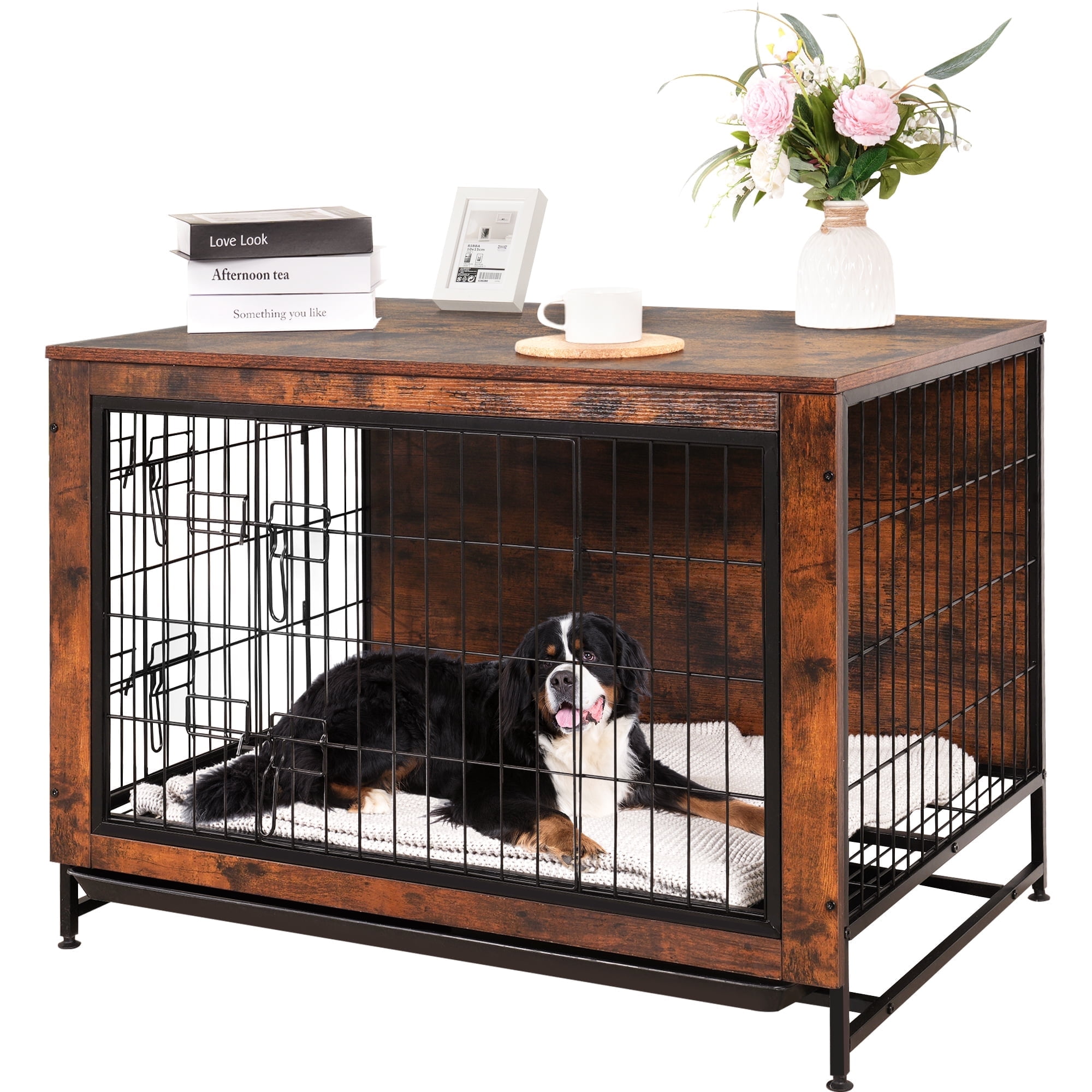 Dog Crate Furniture Kennel, Medium/Large Dog 38.5 inch Doble Dog Crate with Storage Drawers, Modern Side End Table Indoor Wooden Dog House Heavy Duty for Brown