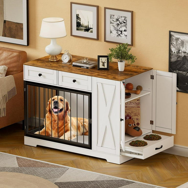 Dog Crate Furniture, Dog Kennel Wooden with Double Doors