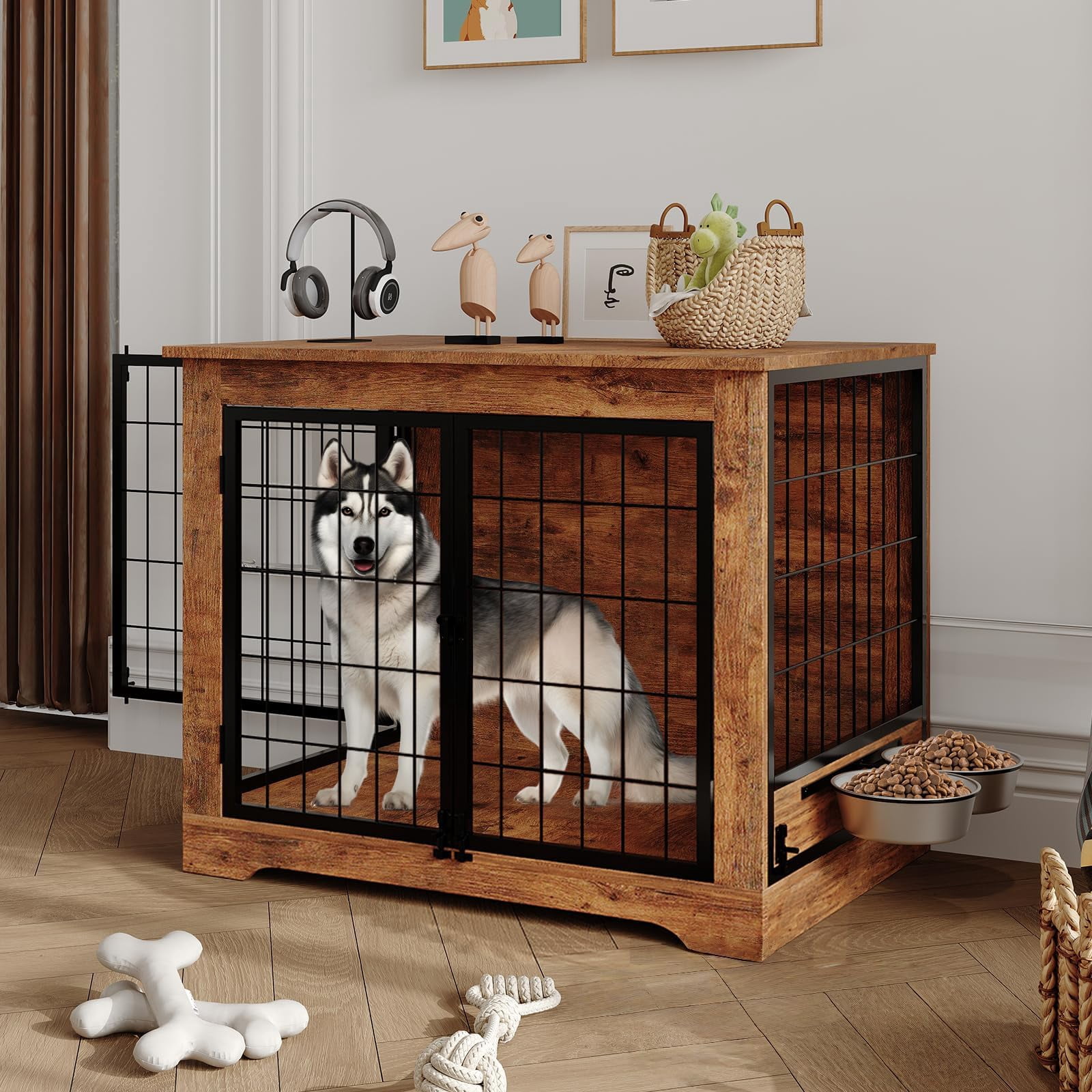 Dog Crate Furniture for Large Dogs,38" Indoor Wooden Dog Kennel with 2 Door &2  360° Rotating Feeder,Decorative Heavy Duty Dog House with Double Locks & Bowls for Small/Medium Dogs
