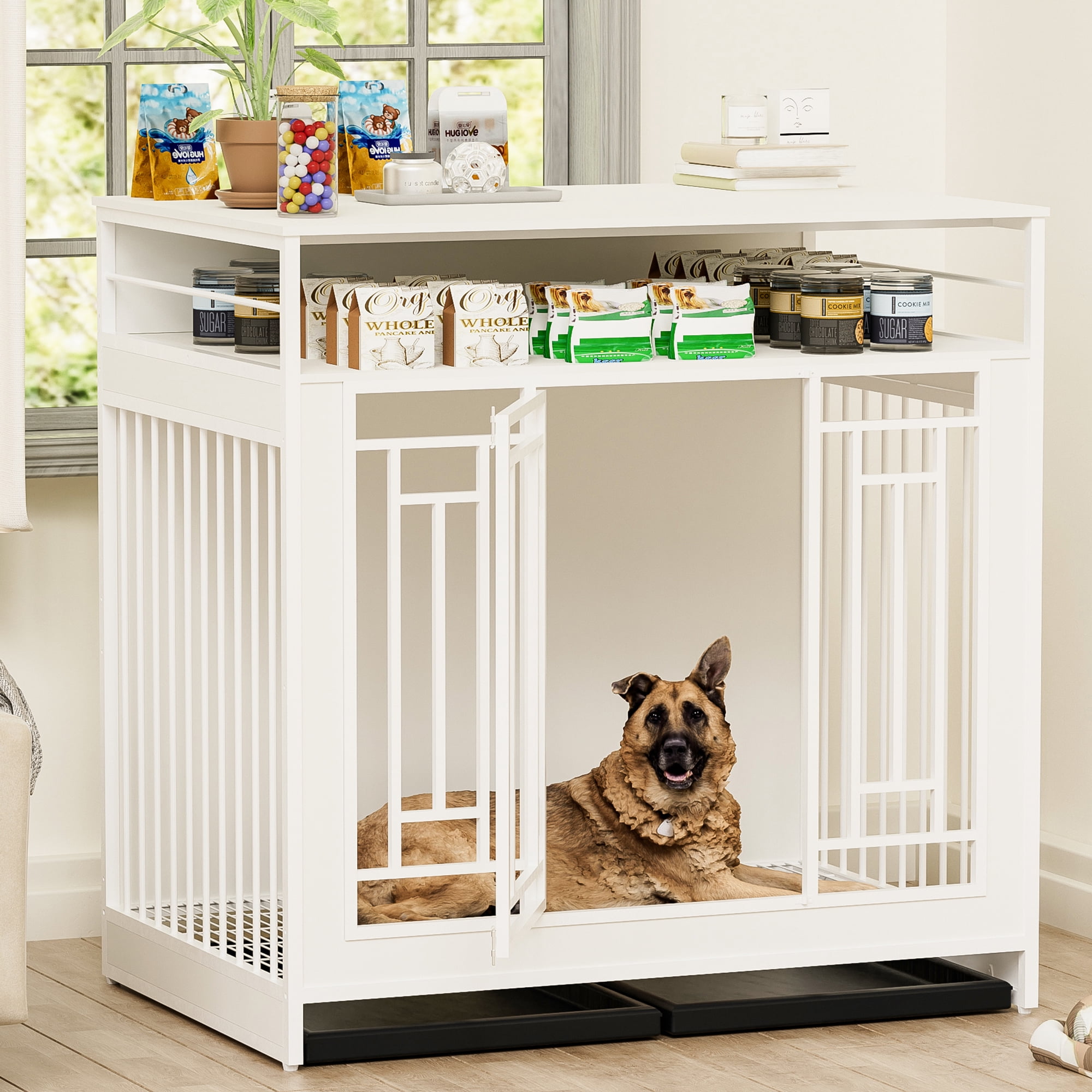 Dog Crate Furniture for Large Dogs,Wooden Double Door Dog Kennel with Three Drawers Storages,Heavy Duty Dogs Decorative Pet House for Large Medium Dogs ,White