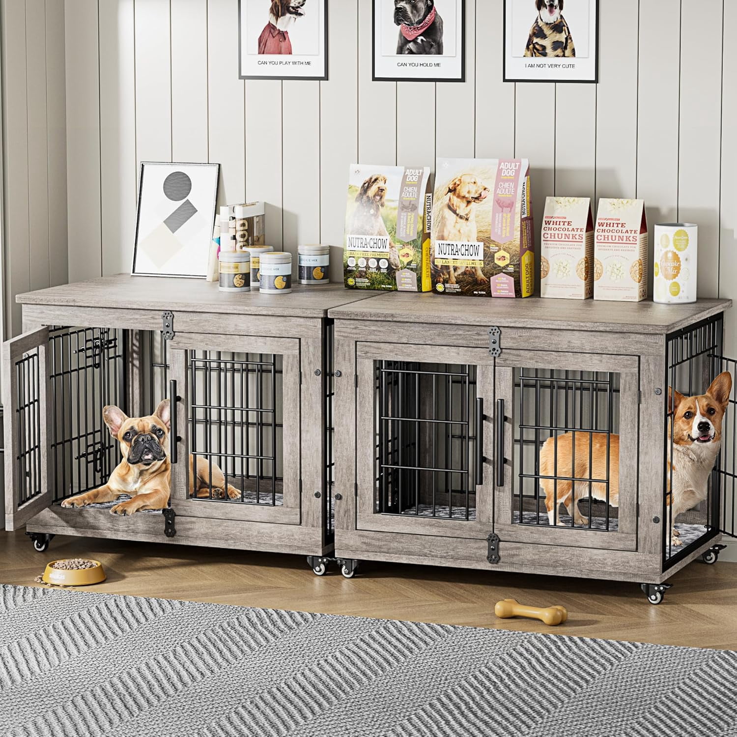 Image result for Dog Crate Furniture Set of 2, Dog Kennel Indoor Double Doors Wooden Dog Cage, 32'' Heavy Duty ...