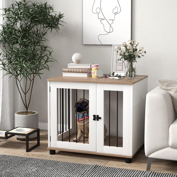 Dog Crate Furniture Side Table with Lockable Door for Small Medium Dogs Walnut Brown