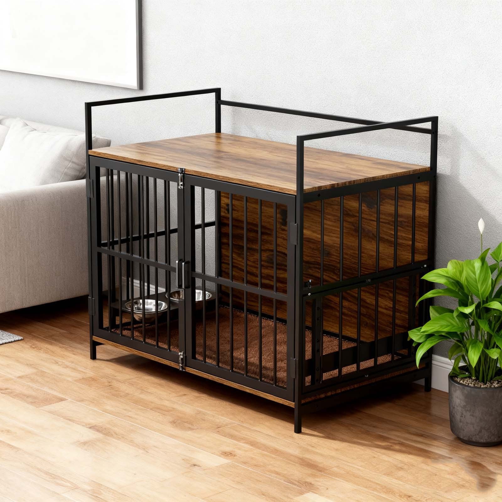 View of Large Dog Crate Furniture With Storage And Cushion, Wooden Indoor ...