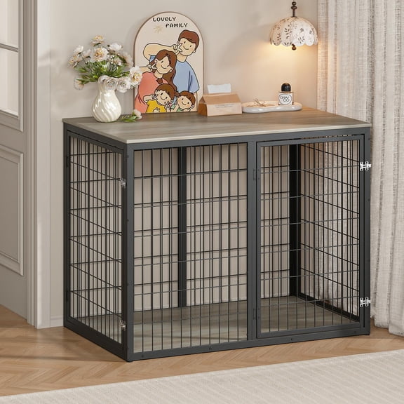 Dog Crate Furniture, Three Door Kennel, Grey Pet House with Ventilated Metal Frame and Storage Top, Large Dog Cage for Living Room, 47 Inch Grey