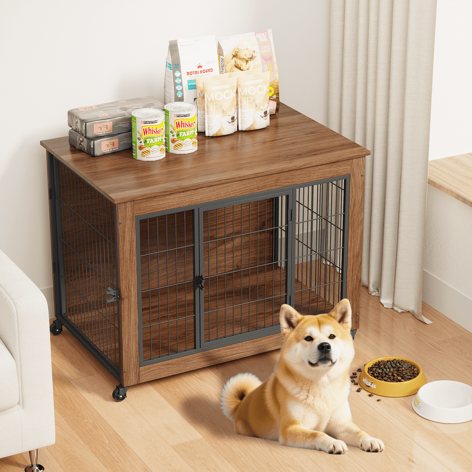 Dog Crate Furniture with Wheels, Wooden Indoor Pet Kennel End Table, Heavy Duty Double Door Metal Dog Cage with Brake Casters, Ventilated Safe Crate for Small & Anxious Dogs