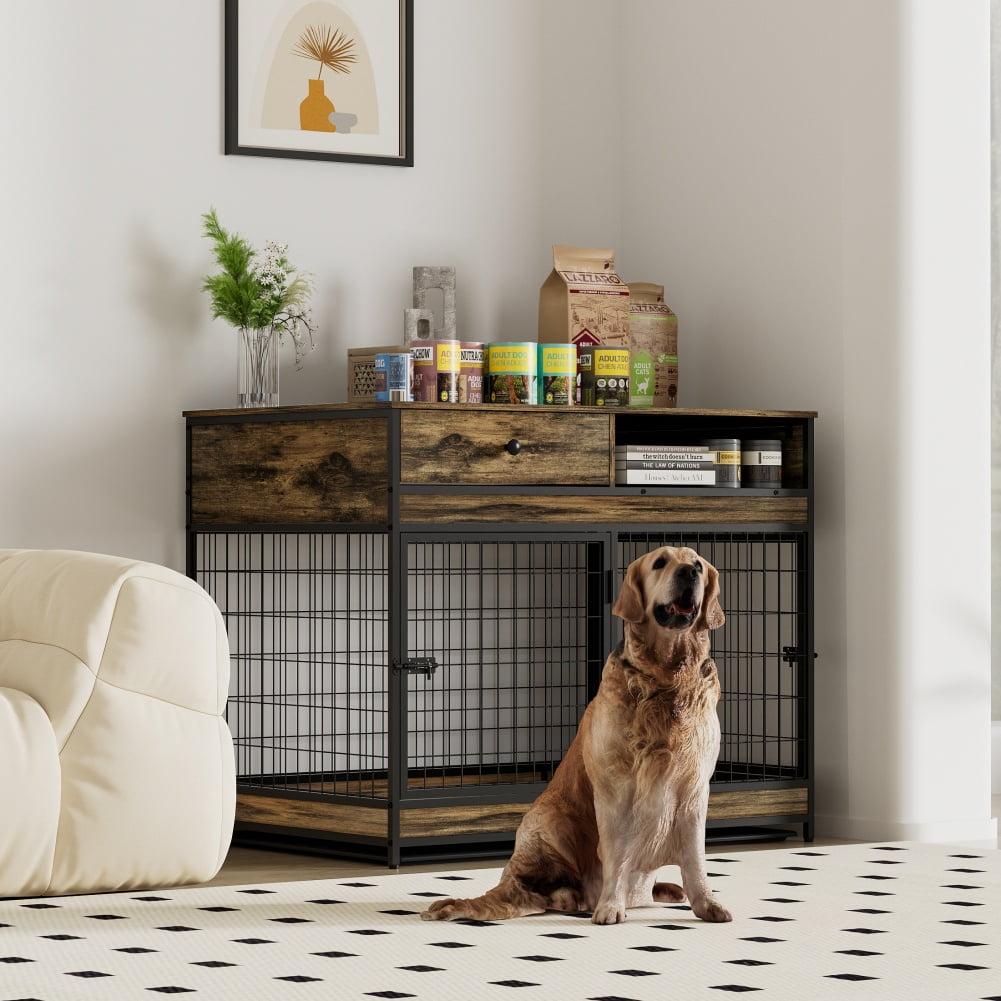 Dog Crate Furniture With Double Doors And Casters, Wooden Dog Crate