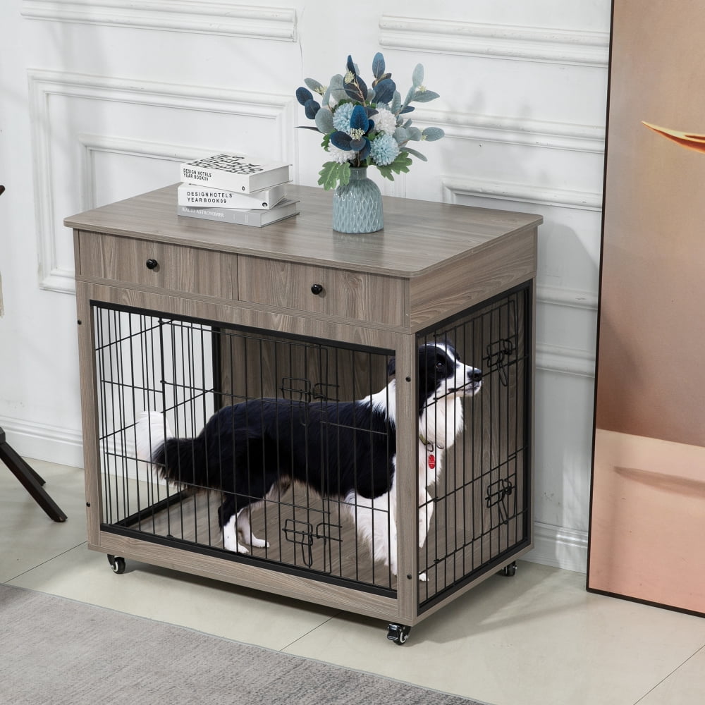 Image showcasing Dog Crate Furniture, Wooden Dog Crate End Table, 38.4 Inch Dog Kennel ...