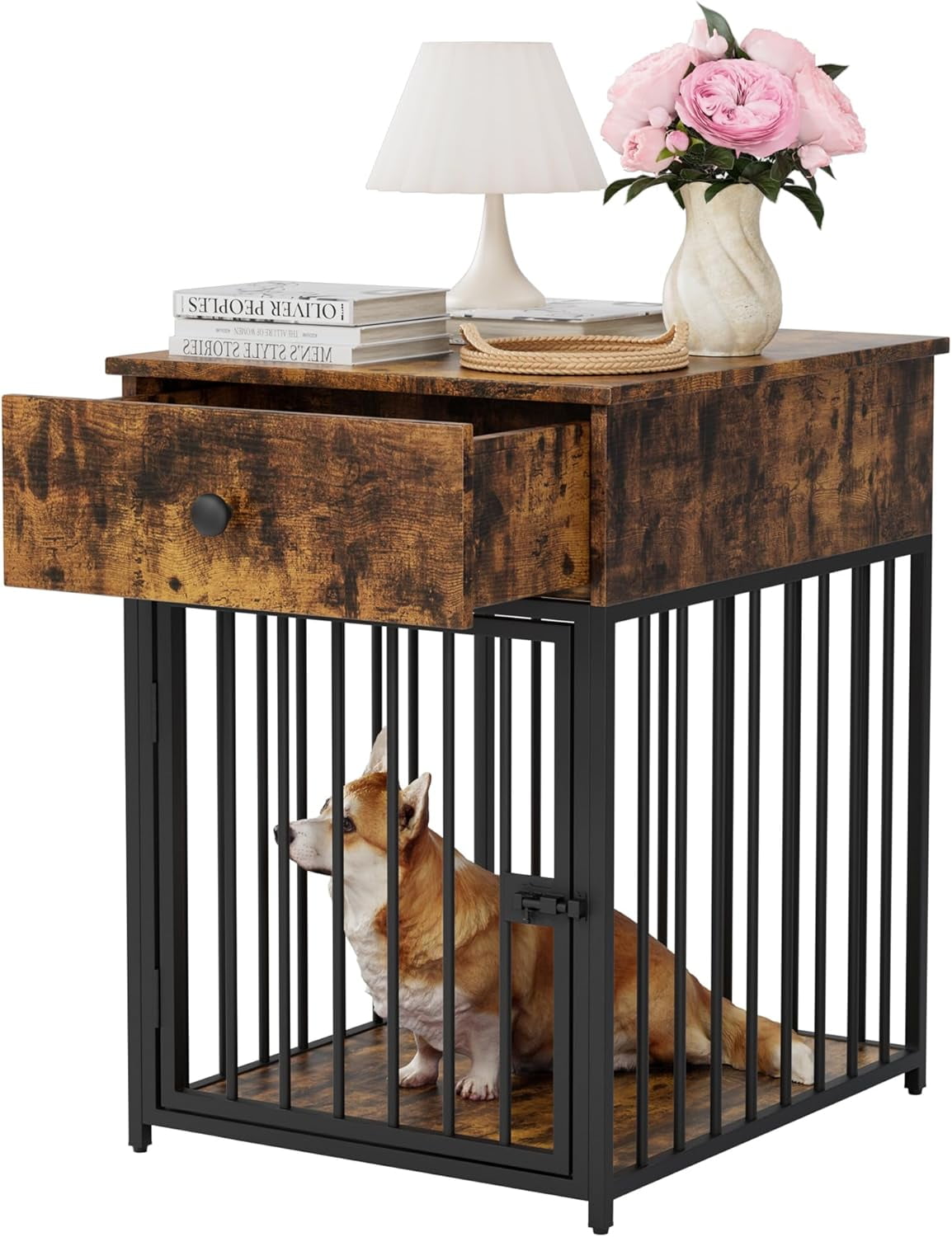 Dog Crate Furniture, Wooden Dog Crate End Table with Storage Drawer ... - Crate Interior Dog Benches With Storage