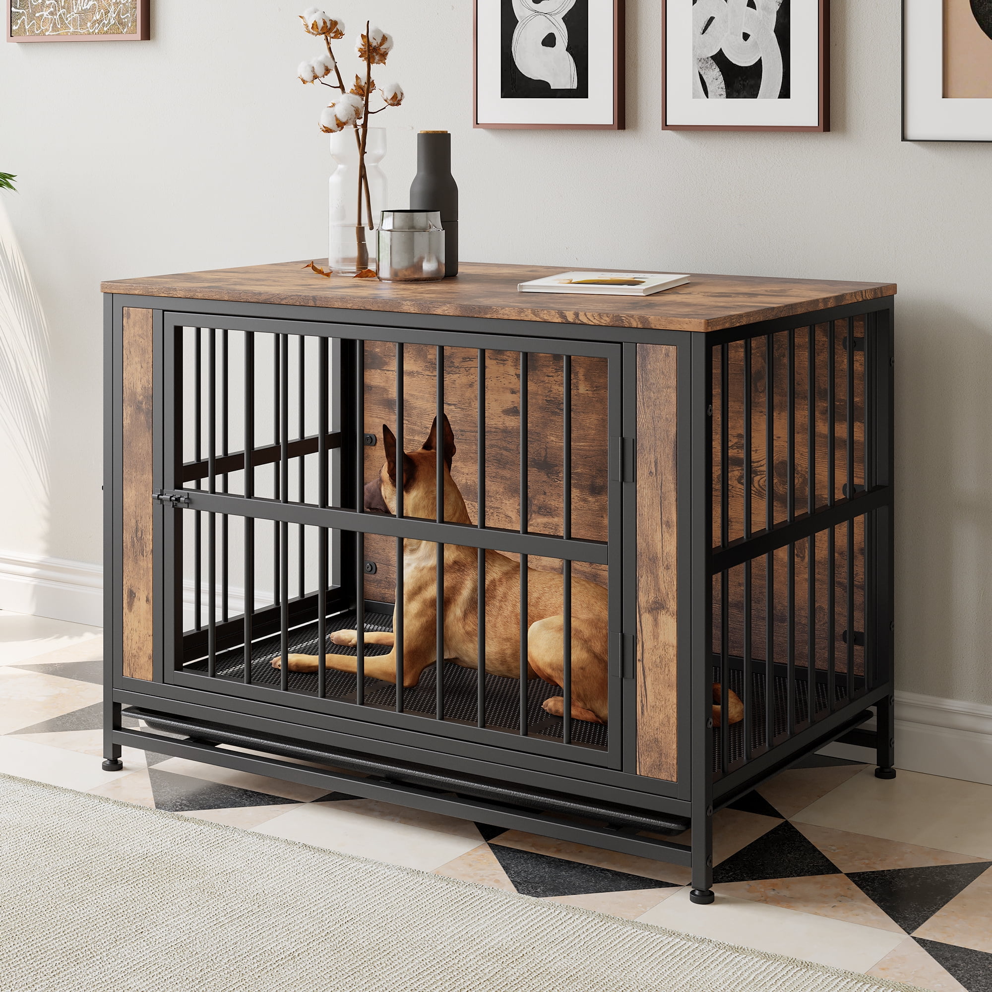 Dog Crate Furniture, Wooden Dog Crate Table, 38.9" Dog Kennel with 2 Sliding Doors and Thick Iron Door Frame, Decorative Pet Crate House