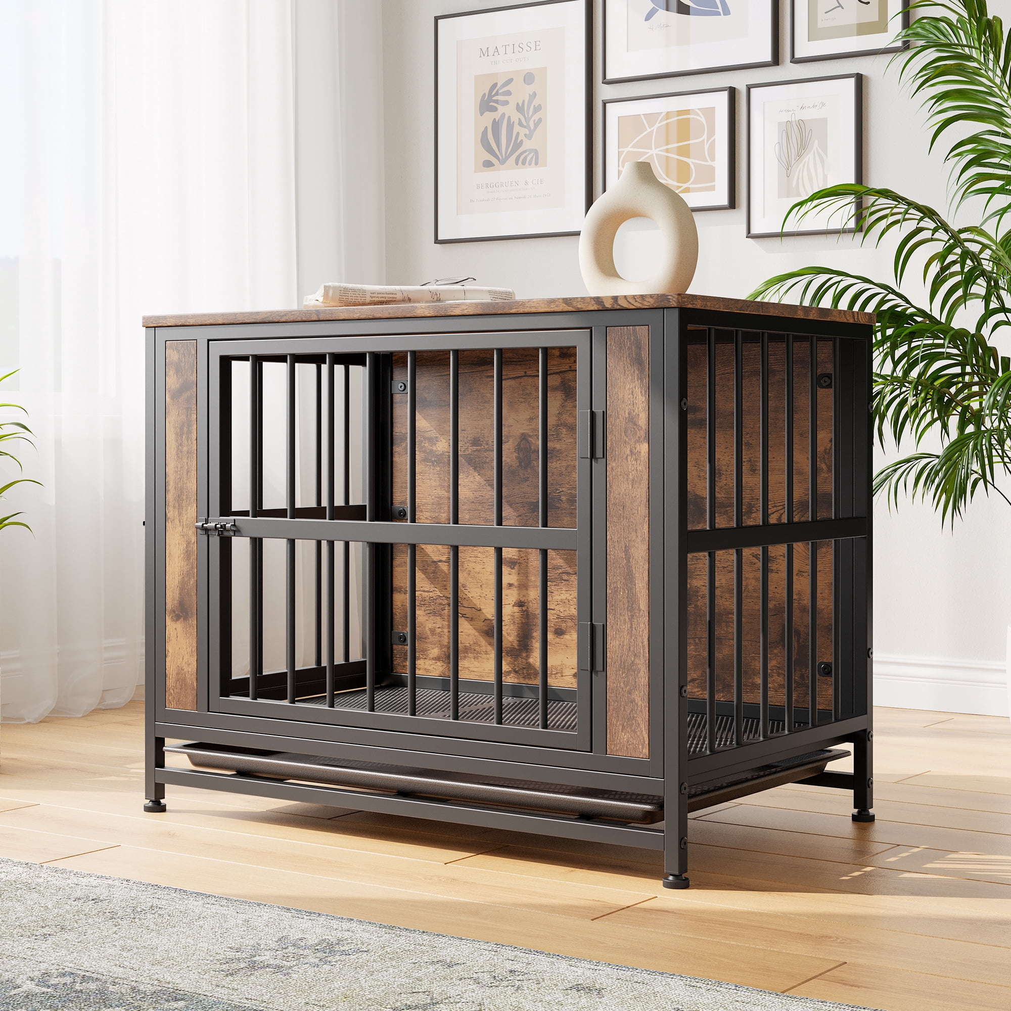 Dog Crate Furniture, Wooden Dog Crate Table, 38.9" Dog Kennel with 2 Sliding Doors and Thick Iron Door Frame, Decorative Pet Crate House