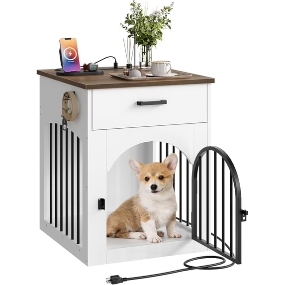 Dog Crate Furniture, Wooden Dog House with Charging Station and Storage ...