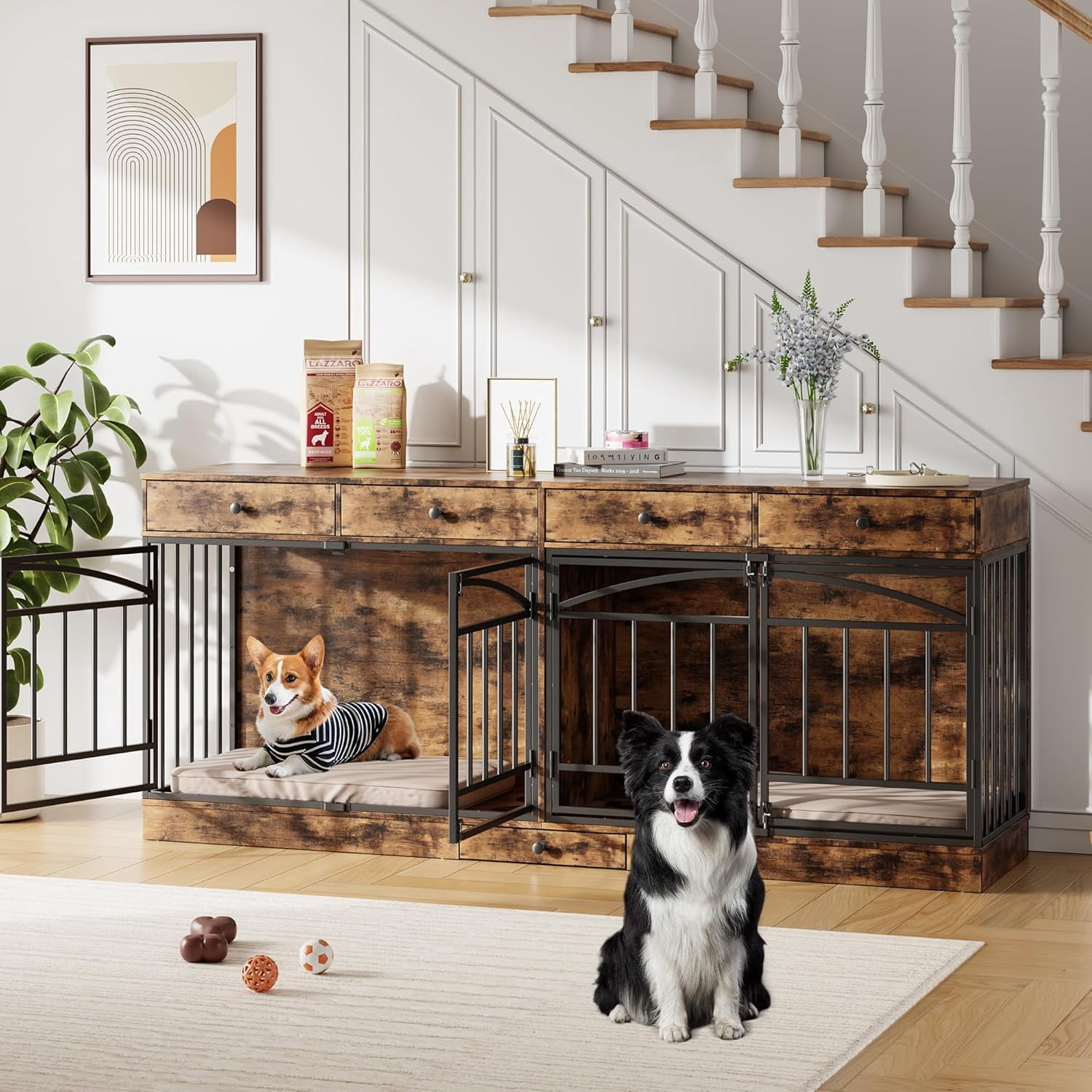 Dog Crate Furniture for 2 Dogs, Dog Kennel Indoor with 4 Storage Drawers and Feeding Bowls, Double Dog Crate TV Stand for Small Medium Dogs, Brown