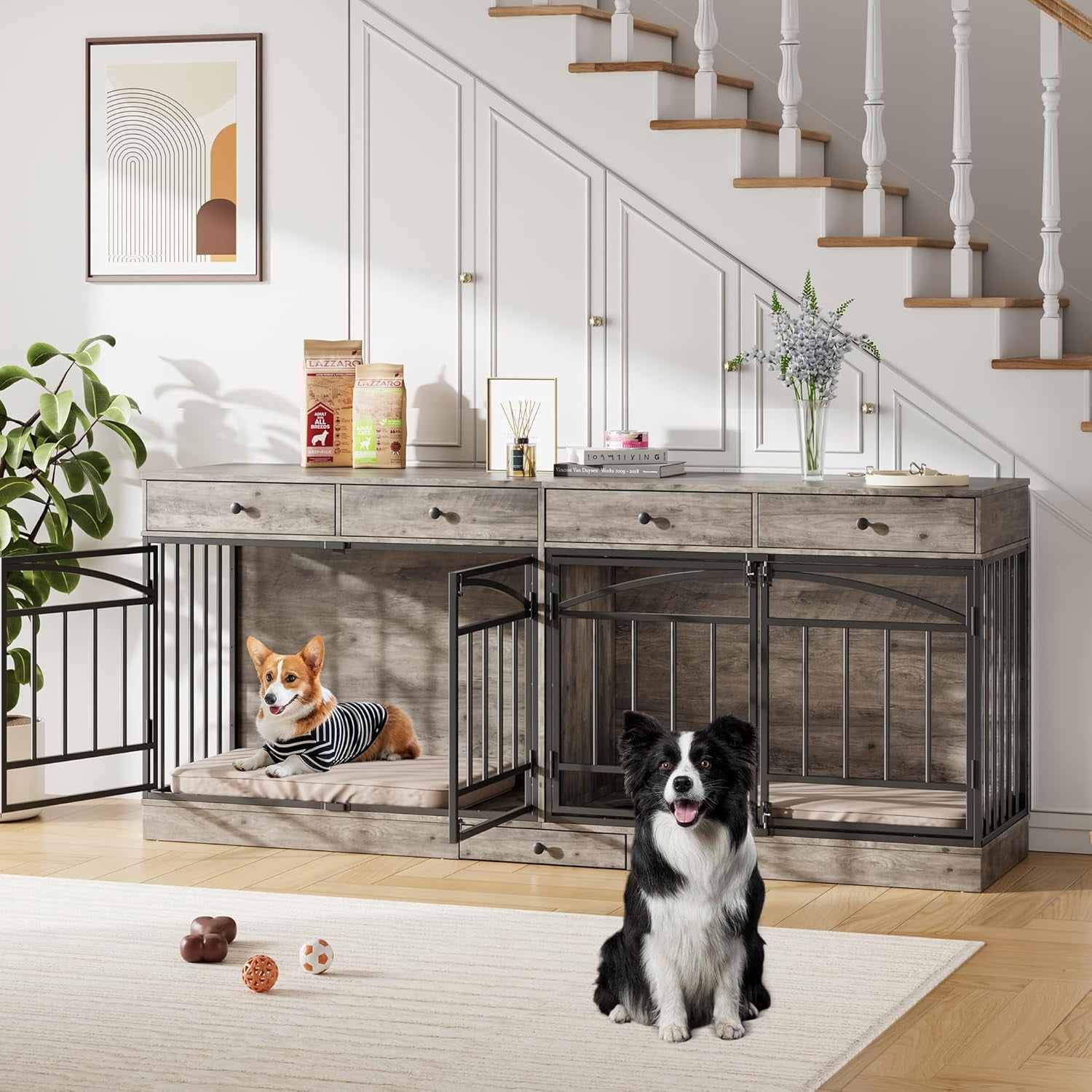 Dog Crate Furniture for 2 Dogs, Dog Kennel Indoor with 4 Storage Drawers and Feeding Bowls, Double Dog Crate TV Stand for Small Medium Dogs, Grey