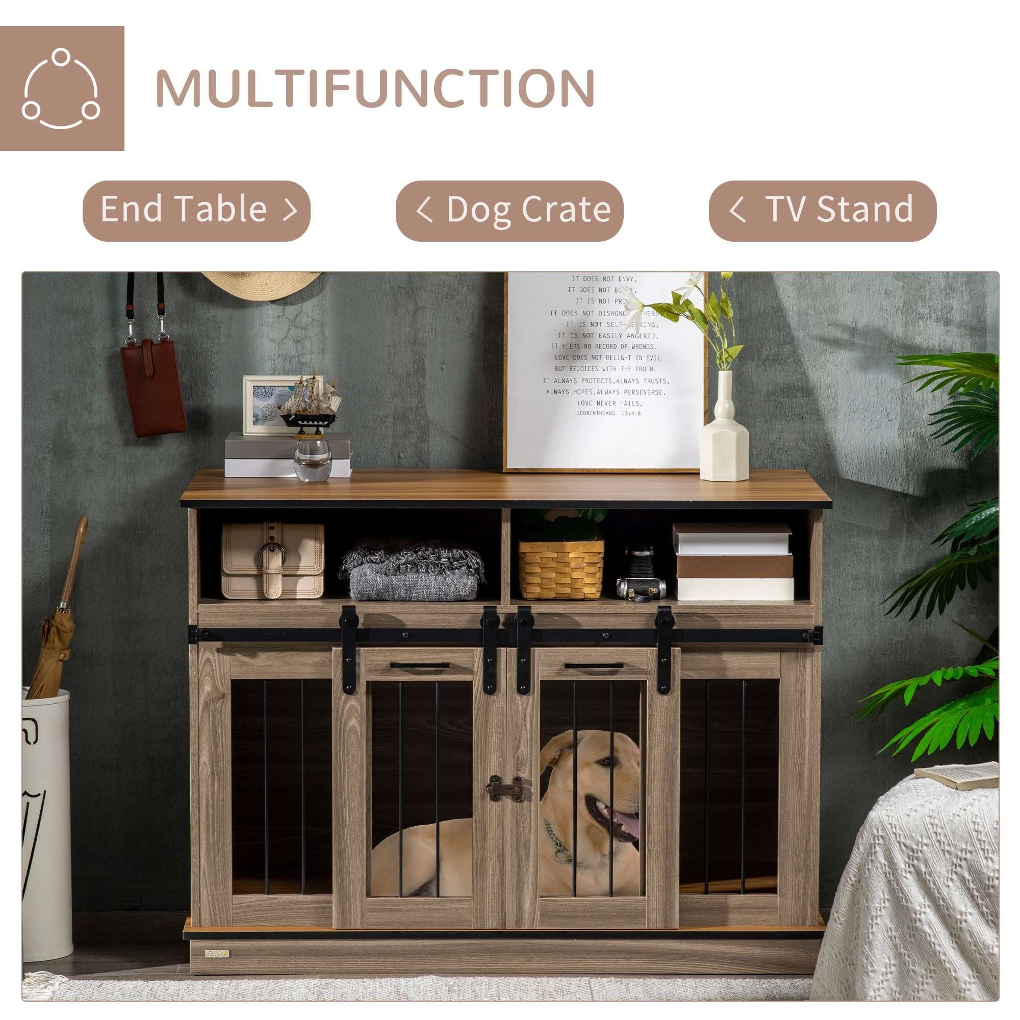 Large Natural Woodgrain and Black Metal Dog Crate Furniture
