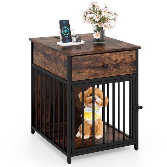 Dog Crate Furniture for Small Dogs,Wooden Puppy Kennel with Charging Station & Drawer, Rustic Brown