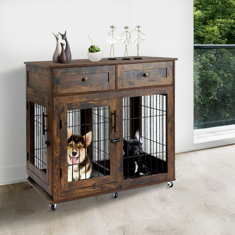 Dog Crate Furniture with 2 Drawer Large Wooden Dog Kennel Crate End Table with Wheels Dog Cage Dog House for Small Medium Large Dog Walmart