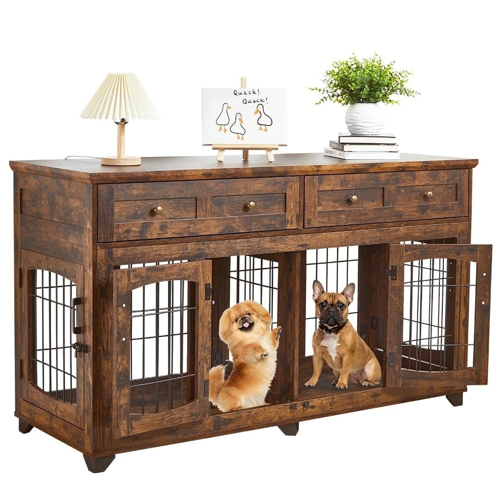 Rustic Brown Wooden Dog Crate Table with Drawers