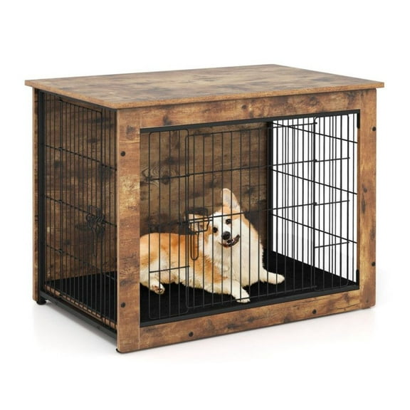 Dog Crate Furniture with Cushion & Double Doors - Rustic Brown End Table for Small/Medium Dogs up to 45/70lbs - Metal Frame, MDF, Adjustable Feet