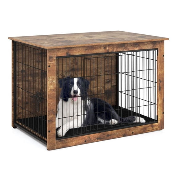 Dog Crate Furniture with Cushion & Double Doors, Rustic Brown, for Small/Medium Dogs up to 45/70lbs - End Table, Metal Frame, Adjustable Feet