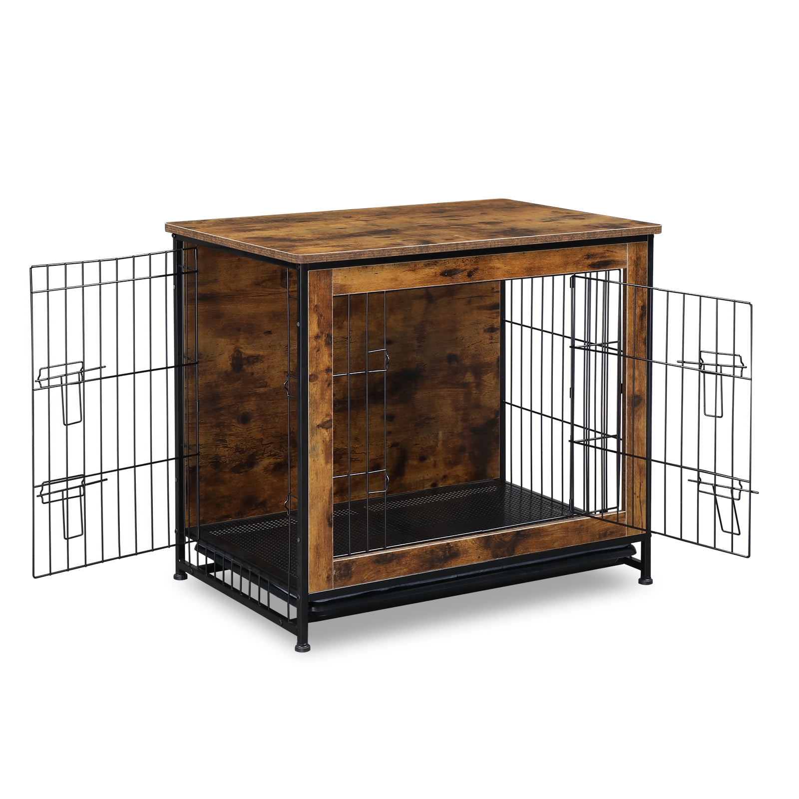 Dog Crate Furniture with Cushion, Wooden Dog Crate Table, Double Doors ...