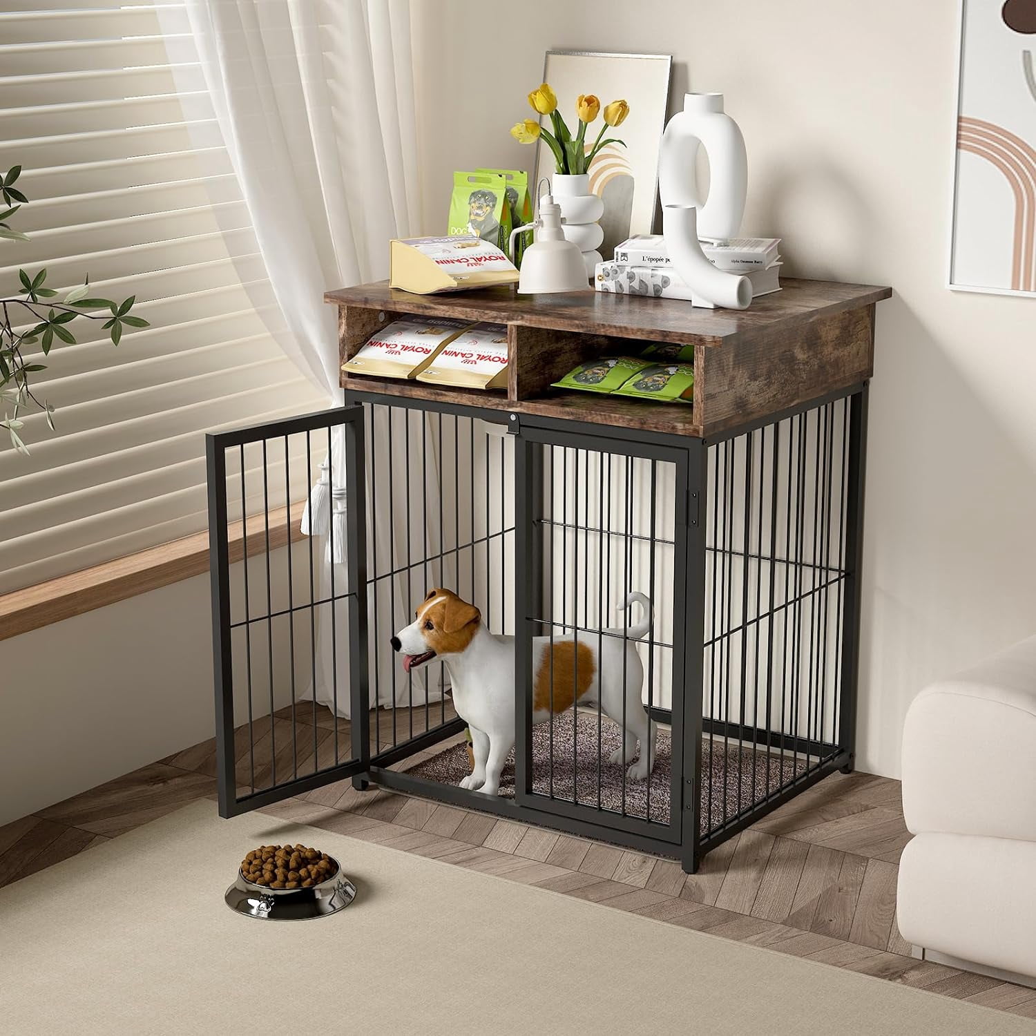 View of Dog Crate Furniture with Cushion,Wooden Dog Crate with Double Doors,Dog ...