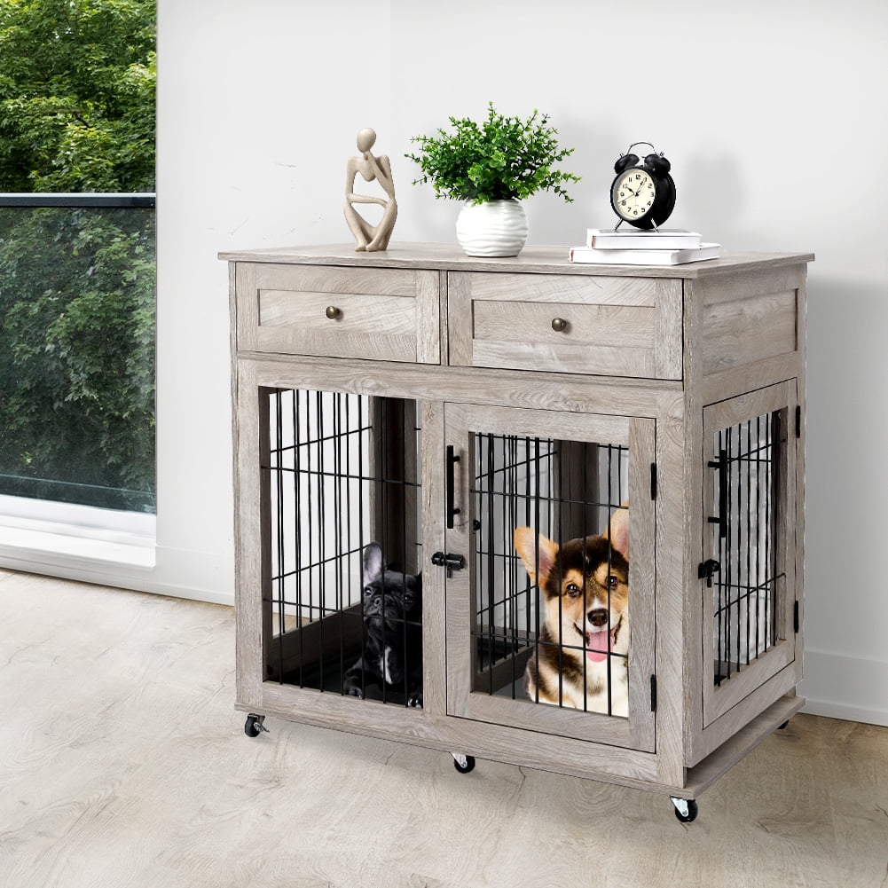 Dog Crate Furniture with Drawers,2 Rooms Dog Kennel Crate with 360 ... - Dog Crate With Air Conditioning And Ice Chest Storage