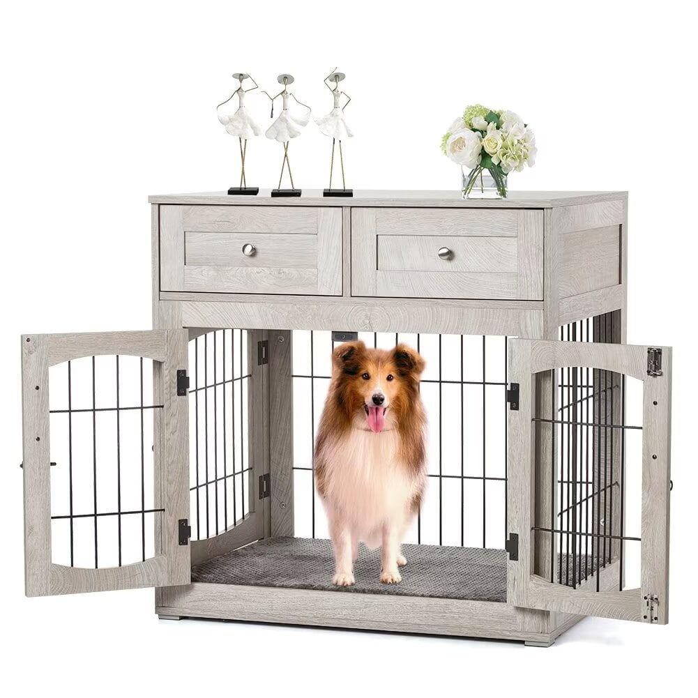 Gray Wooden Dog Crate End Table with Drawers