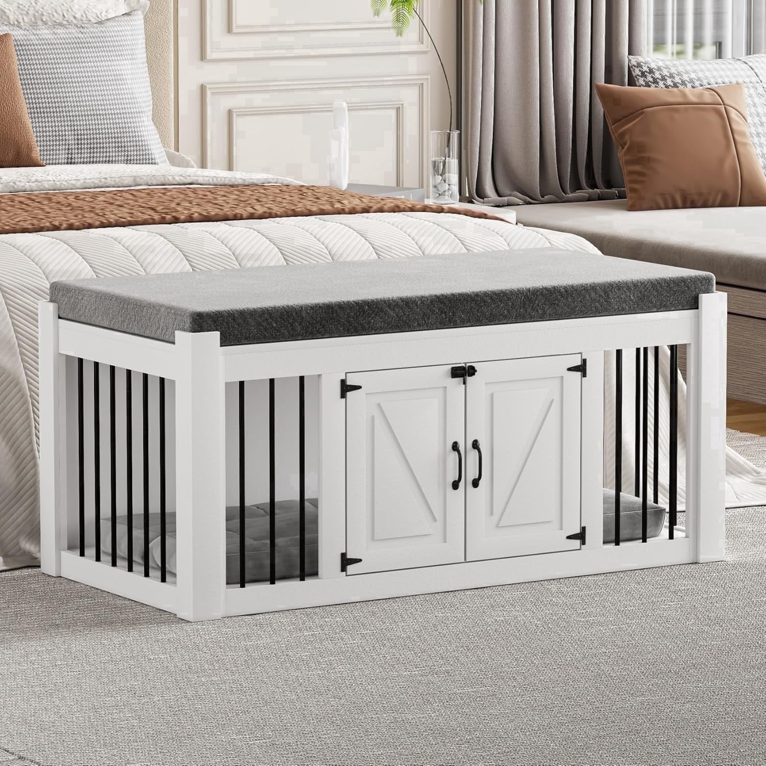 Faceket 47.2" Dog Crate Furniture, 2-Door Lockable Wooden Kennel with Cushion, White End of Bed Bench Ottoman for Medium Dogs