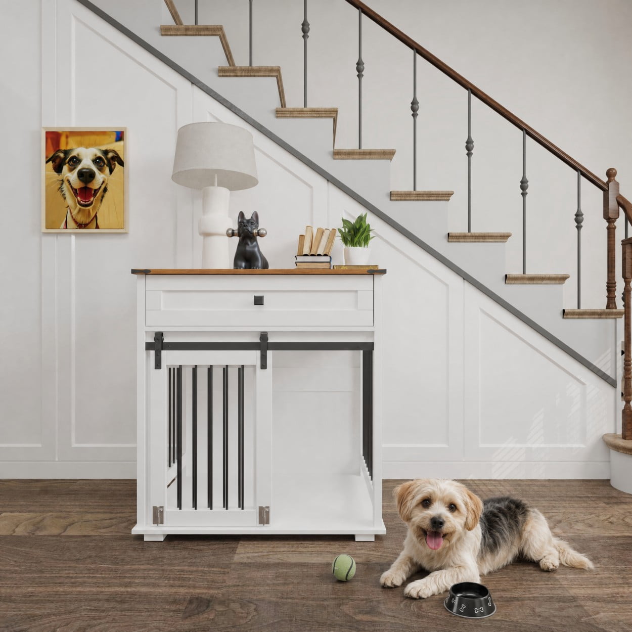 Dog Crate Furniture with Sliding Barn Door, Storage Drawer & Metal Bars, Heavy Duty Indoor Kennel End Table for Small & Medium Dogs, Brown white
