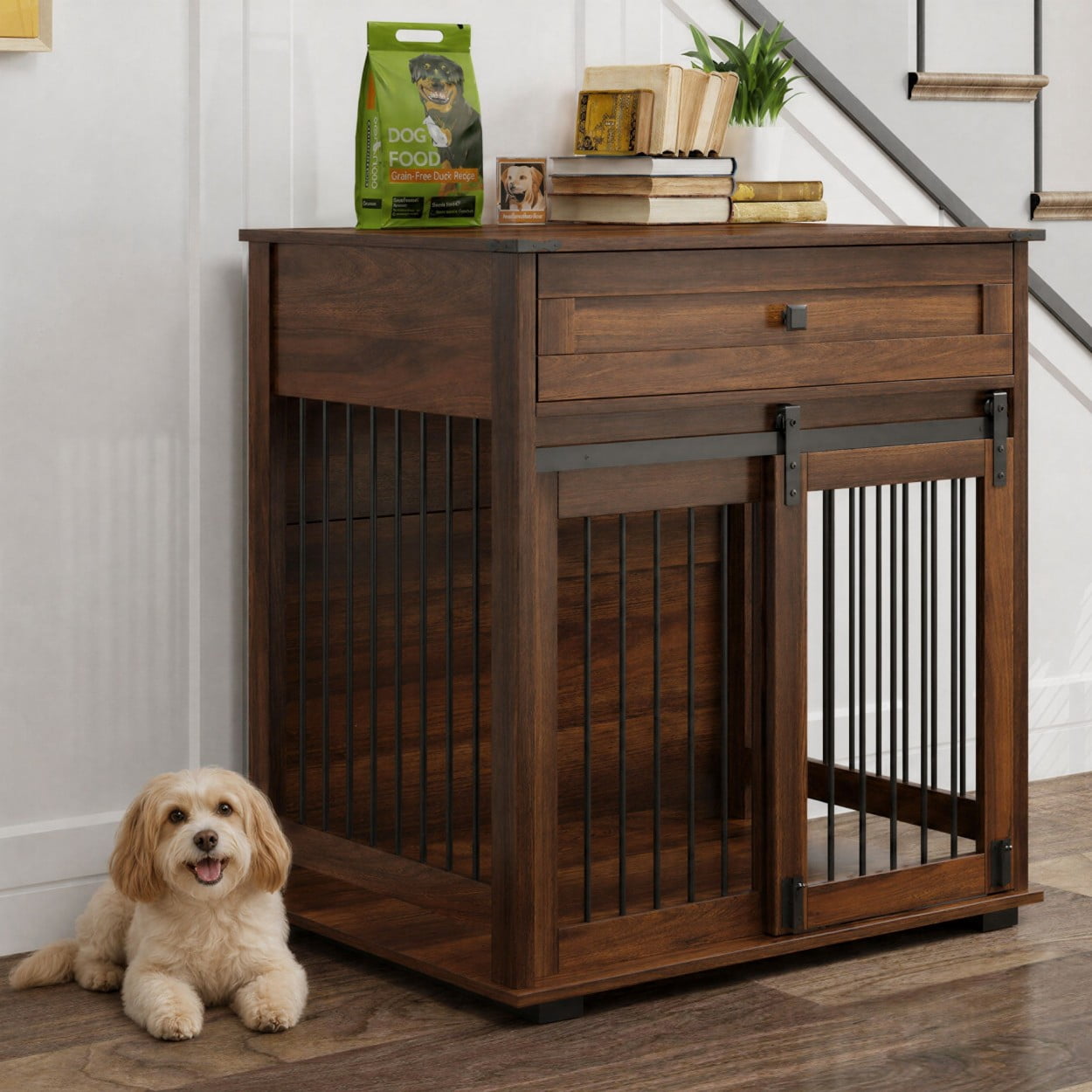 Dog Crate Furniture with Sliding Barn Door, Storage Drawer & Metal Bars, Heavy Duty Indoor Kennel End Table for Small & Medium Dogs, Walnut