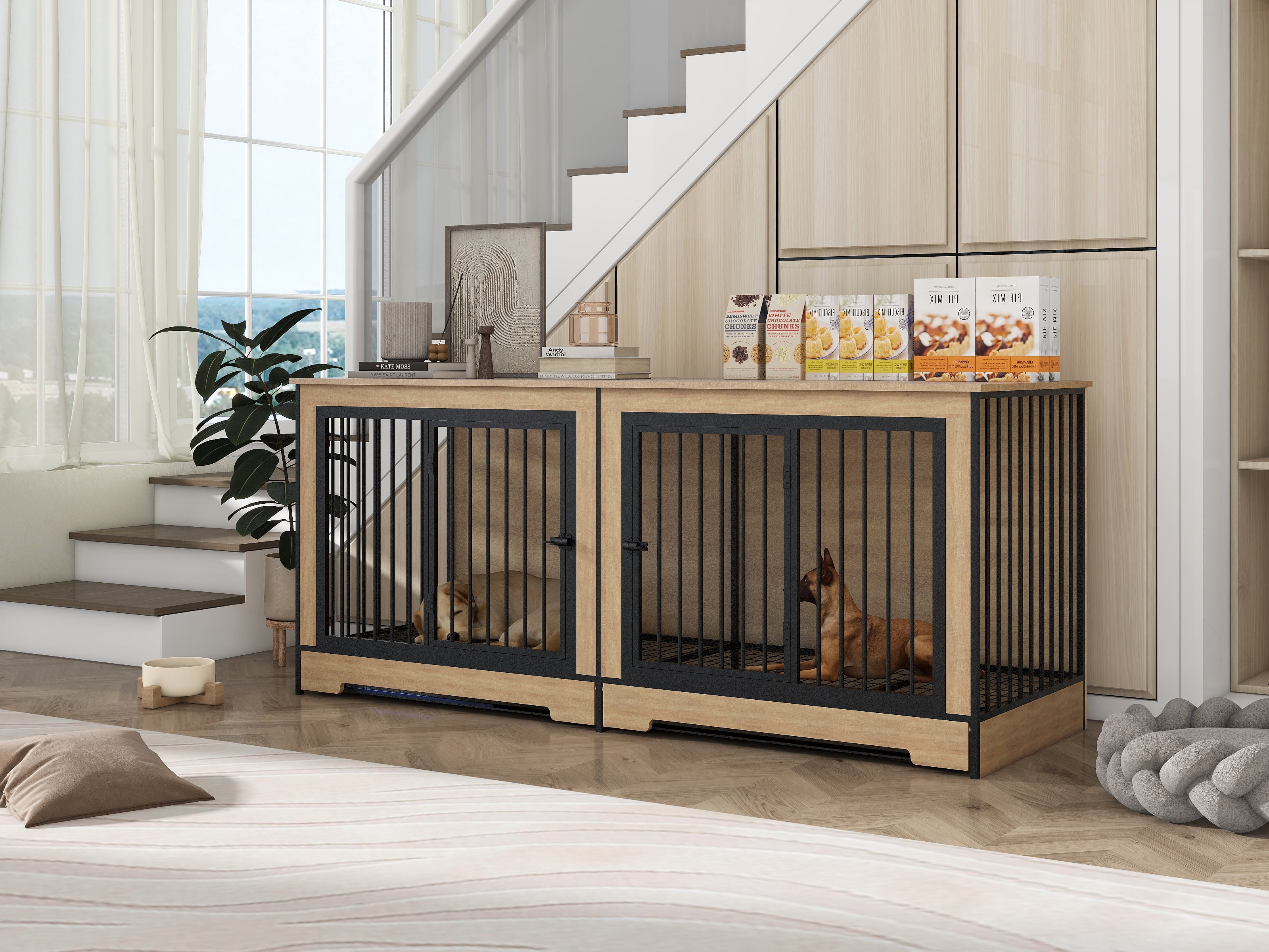 Dog Crate Furniture with Two Combined Room, XL Large Double Dog Cage ... - Wall Mounted Dog Cage For Multiple Dogs