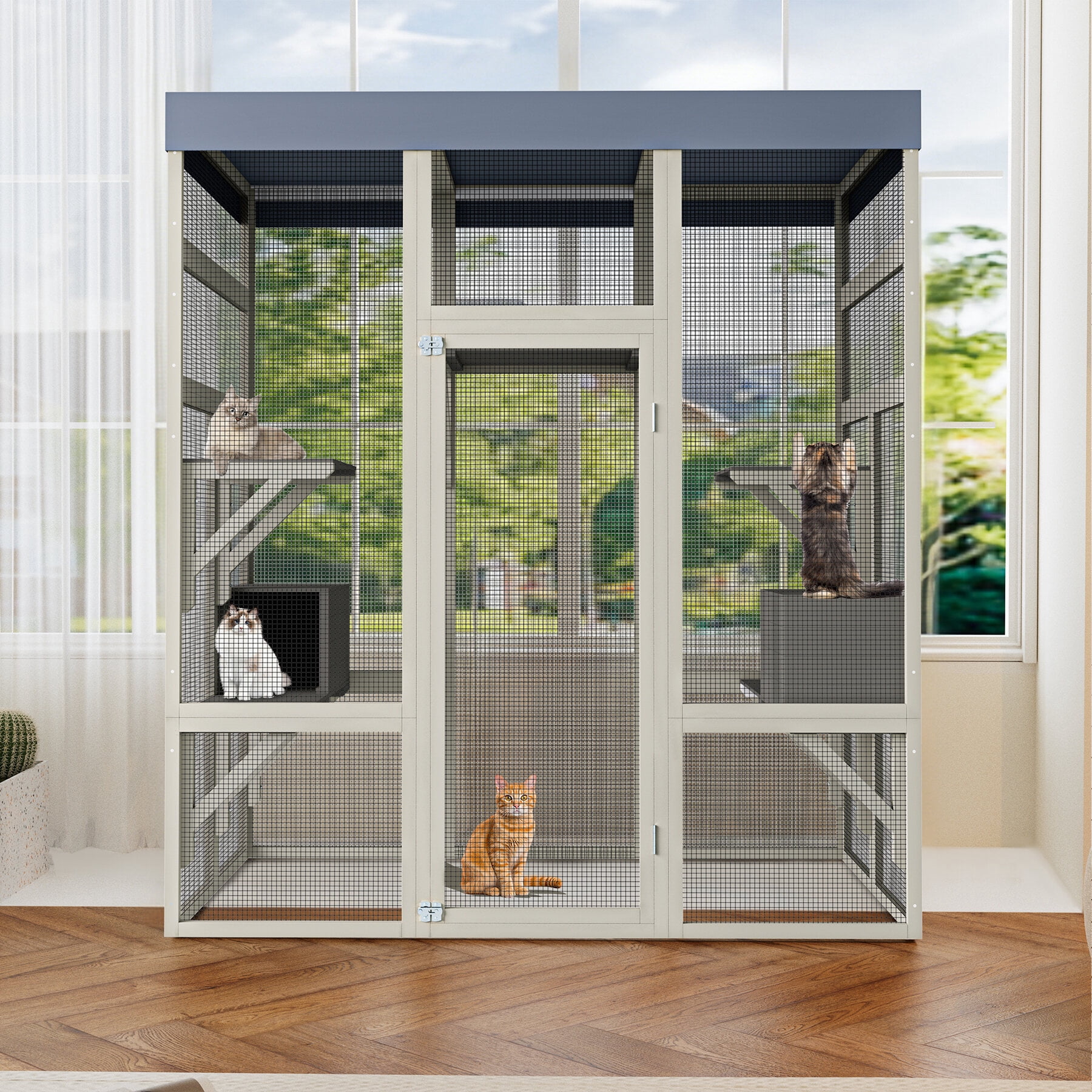 Dog Crate, Gray Wooden Catio Outdoor Pet Enclosure with Waterproof Top, Spacious and Secure Cat House & Small Animal Cage,2 Napping Boxes, Gray Pet Playpen,Wood Chicken Coop