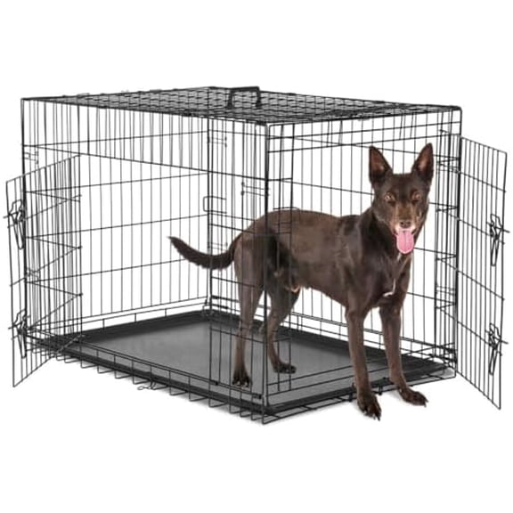 Dog Crate Kennel, 36 Inch Metal Pet Cage Double Door W/Divider Panel, Folding Travel Indoor Outdoor Dog Kennel Leak-Proof Plastic Tray Wire Animal Cage