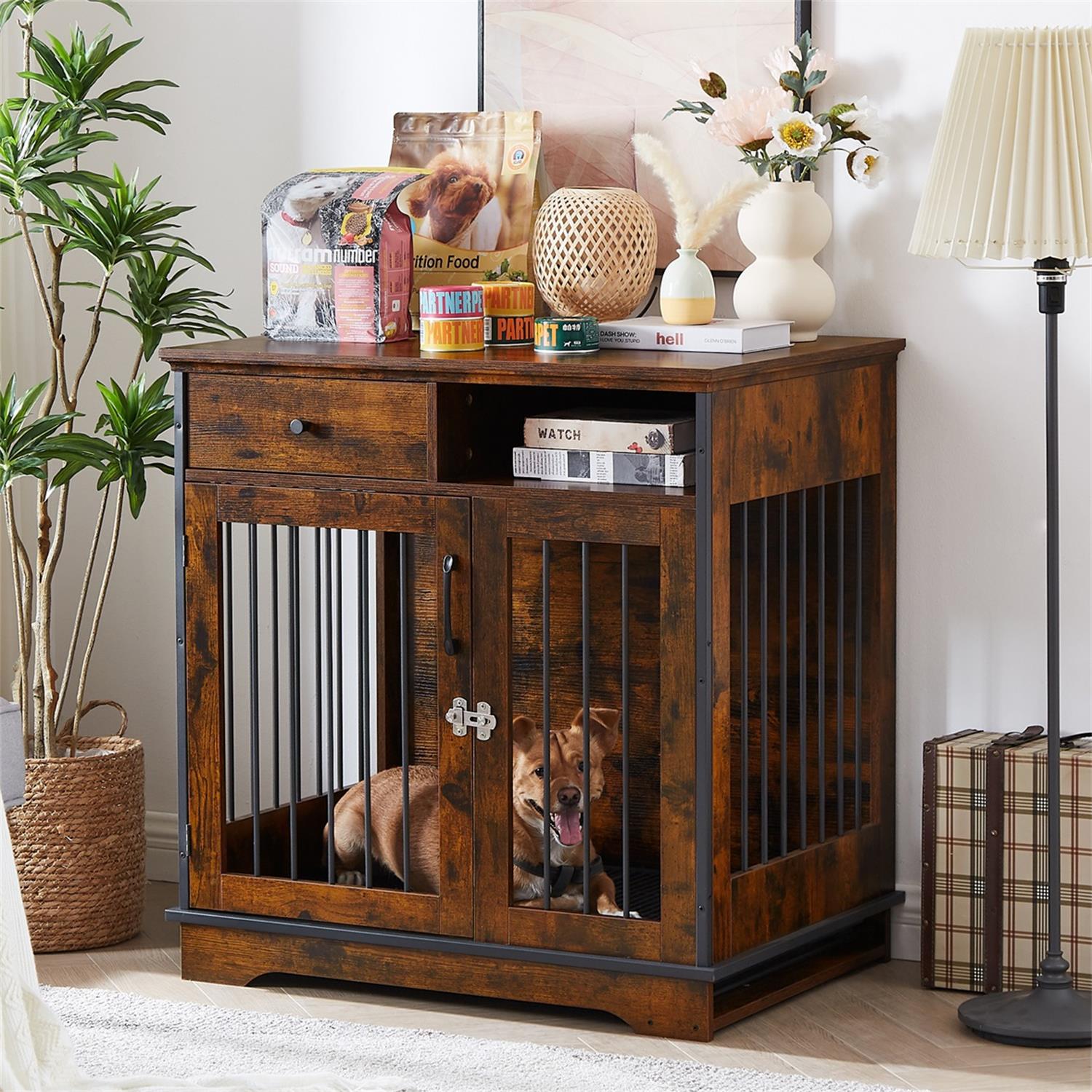 Dog Crate, Large Dog Kennel with Storage Drawer, Indoor Pet Crate End